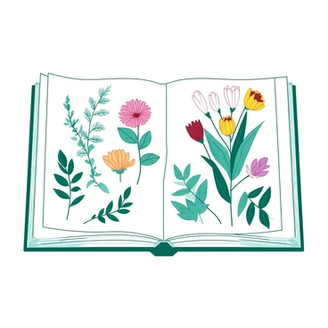 A white scrapbook page filled with a variety of pressed flowers in different shapes and sizes. The flowers are arranged aesthetically, showcasing vibrant colors. Scattered around the flowers are detailed sketches of leaves and plants, drawn in teal ink. Each sketch features intricate lines and patterns, depicting the natural beauty of foliage. The background of the page is lightly textured to evoke the feel of a natural setting, enhancing the overall botanical theme.