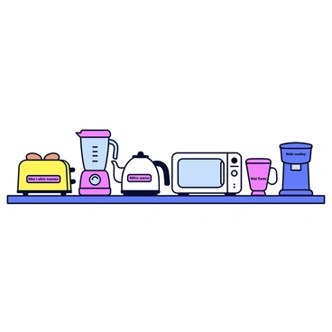 An array of various kitchen appliances with labels highlighting their functions