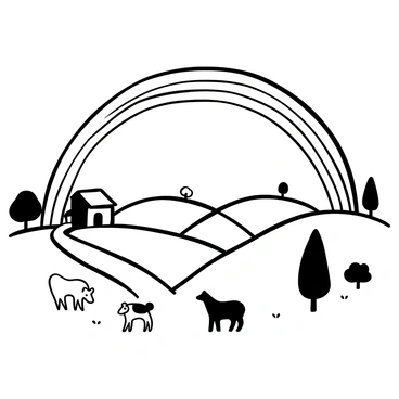 A black-and-white illustration of a large rainbow arching across the sky. Below the rainbow, a peaceful countryside landscape features rolling hills with gentle slopes. There are several trees scattered across the hills, and a simple farmhouse is situated on the left side of the scene. A winding dirt path leads from the farmhouse towards the horizon. In the foreground, a few farm animals are grazing in an open field.