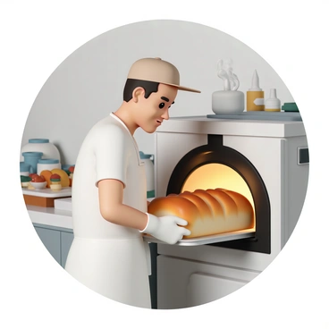 A baker, wearing a white apron and a light brown cap, is pulling a golden-brown loaf of freshly baked bread out of a large, industrial oven. The baker's hands are gloved and gripping the metal tray that holds the loaf. The oven door is open, revealing the warm, glowing interior with steam rising. The kitchen is filled with various baking tools and ingredients, and the scent of warm bread is evident. The baker's expression shows concentration and satisfaction as they check the bread for doneness.