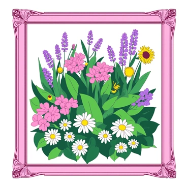 A framed illustration depicts a lush botanical garden filled with an array of blooming flowers. The scene showcases vibrant plants with large green leaves surrounding flowers in varying shades of pink and yellow. In the foreground, there are clusters of daisies with white petals and sunny yellow centers. The background features taller flowers, such as sunflowers and lavender, adding to the richness of the garden. The frame itself is ornate, emphasizing the beauty of the botanical display. The overall composition captures a sense of thriving nature.