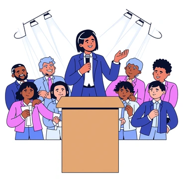 A female political leader stands confidently at a wooden podium. She is dressed in a tailored navy suit, holding a microphone in one hand. Her expression is determined, and she gestures emphatically with her other hand. Behind her, a captivated audience is visible, with diverse individuals listening intently. Some audience members are nodding in agreement, while others are taking notes. The background features bright lights illuminating the scene, emphasizing the importance of the moment.
