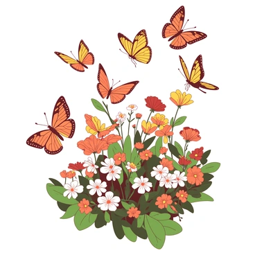 A vibrant array of butterflies in various shapes and sizes flutters among colorful flowering fynbos. The butterflies are in shades of orange and yellow, their wings delicately patterned and shimmering in the sunlight. The fynbos features clusters of small flowers in contrasting hues, with green foliage surrounding them. Some butterflies land gracefully on the flowers, while others dance playfully in the air, creating a lively atmosphere filled with movement.