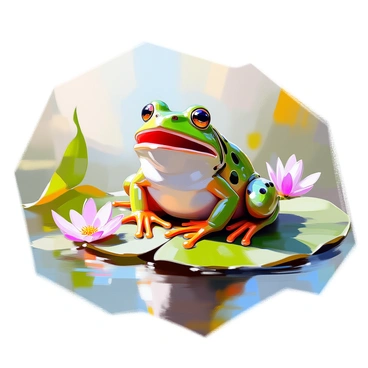 An illustration featuring a close-up view of a frog perched on a lily pad. The frog has bright green skin with darker spots and its throat is prominently inflated, showcasing its voice box. The frog's wide mouth is open slightly as it croaks, producing ripples on the water's surface. Surrounding the frog are lush green leaves and delicate flowers that add depth to the scene. Soft light filters through the foliage, casting gentle shadows around the frog, emphasizing its vibrant colors.