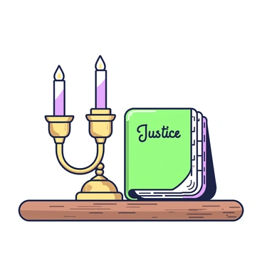 An old-fashioned candlestick made of brass is placed on a wooden table. The candlestick has intricate detailing and holds a lit candle, casting a warm glow. Next to the candlestick is a thick law book, its cover embossed with the word "Justice" in ornate lettering. The book is partly open, revealing pages filled with fine text and legal symbols. The wooden table has a rich texture, showcasing its natural grain and polished surface, with a soft shadow cast by the candlestick.