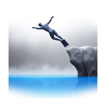 A diver in a sleek wetsuit is poised for a leap from a rocky ledge. The early morning mist surrounds the scene, creating a soft, ethereal atmosphere. Fog rolls in gently from the water, partially obscuring the surface below. The diver is captured mid-air with arms extended, preparing to dive into the water. The background features muted shades of gray and blue, highlighting the mystical quality of the misty morning. The water below is calm, reflecting the soft light of dawn.