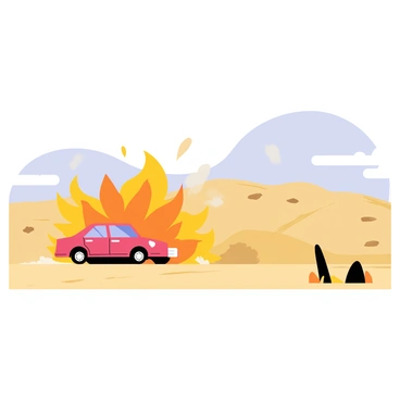 A lone car exploding against the backdrop of a barren desert landscape