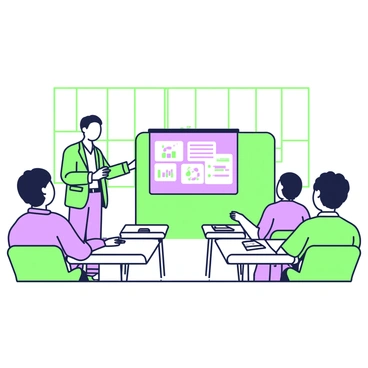 A classroom setting features a lecturer standing at the front of the room, presenting information on a projector screen. The lecturer has short hair and is wearing a blazer over a shirt and trousers. In front of the lecturer, a large projector screen displays a colorful presentation with various charts and bullet points. Desks are arranged in rows facing the screen, with students seated and attentively listening. Each student has a notebook and a pen on their desk. Windows on the side allow natural light to enter the room, illuminating the educational atmosphere.