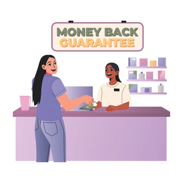 A digital flat illustration featuring a store counter where a customer is happily receiving a refund. The customer has light skin and is smiling broadly, wearing a blue t-shirt and denim jeans. The store clerk behind the counter has medium skin and short black hair, wearing a white shirt and a name tag. They are handing cash to the customer. Above them is a prominent sign reading "Money Back Guarantee" in bold letters, with green and yellow colors. The background includes shelves stocked with various products, enhancing the store atmosphere.