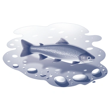 A "brown trout" is swimming in a "clear mountain stream". The fish has a sleek, streamlined body with dotted markings along its sides. The water flows smoothly around it, with pebbles and rocks visible at the bottom of the stream. Sunlight filters through the surface, creating shimmering patterns on the water. Small ripples form as the trout moves, creating a sense of motion in the tranquil environment surrounding it.