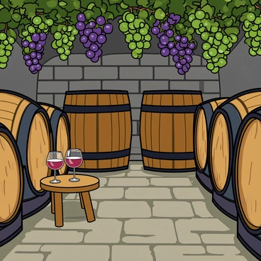 An underground wine cellar with dim lighting and stone walls. The floor is made of rustic cobblestones. There are several large wooden barrels stacked neatly against the walls, each with a distinct grain and texture. Hanging from the ceiling are clusters of green and purple grapes, some with dew glistening on them. In the corner, there is a small wooden table holding a couple of wine glasses and a bottle of red wine. The atmosphere is cozy, inviting, and perfect for wine tasting.