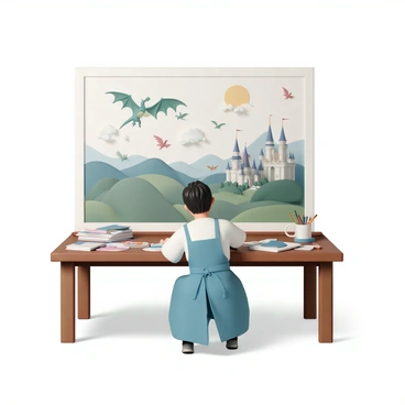 An artist is sitting at a large wooden desk covered with sketchbooks and color palettes. The artist has short black hair and is wearing a blue apron over a white shirt. In front of the artist, there is a large canvas that depicts a fantastical world filled with "majestic dragons" soaring through a bright sky and "grand castles" with tall spires. The dragons are in various colors, some are green with shimmering scales, while others are red with fiery wings. The castles are set on rolling hills, surrounded by lush greenery, and feature intricate architecture with flags fluttering in the breeze. The artist is focused, with a brush poised above the canvas, as they bring this imaginative landscape to life.