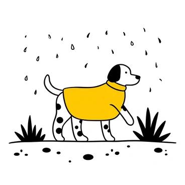 A dalmatian with distinct black spots wearing a yellow raincoat is walking on a path. Raindrops fall gently around it, creating small splashes on the wet ground. The dalmatian's tail is wagging, showing its playful spirit. Tall grass and a few scattered puddles line the path, while a light mist fills the air, adding a sense of movement to the scene.