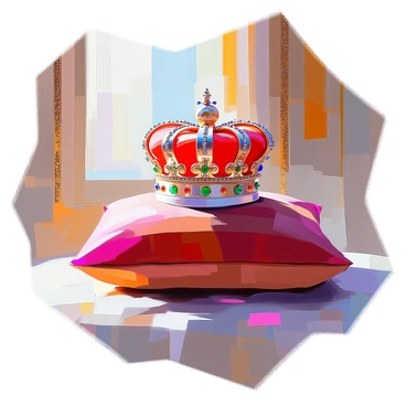 A detailed crown adorned with intricate designs and sparkling jewels is resting on a rich, plush velvet pillow. The crown features a mix of gold and silver elements, with emeralds and sapphires embedded in its surface. The pillow is a deep crimson color, set against an opulent backdrop of a grand chamber with ornate wallpaper and elegant furnishings. Dim light filters through a large window, casting soft shadows that enhance the luxurious atmosphere of the scene.