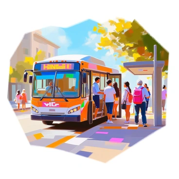 A bus driver with tan skin and short black hair is smiling broadly as passengers begin to board the bus on a sunny morning. The bus is painted in bright colors, parked at a bus stop. Several passengers, including a young woman with a backpack and an elderly man with a cane, are stepping up the stairs and entering through the front door. The sky is clear blue, and the sunlight casts a warm glow on the scene, enhancing the cheerful atmosphere of the moment. Surrounding the bus, there are green trees and a few pedestrians walking along the sidewalk.