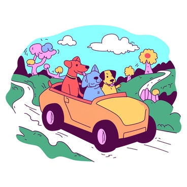 A group of dogs in various colors, such as a red dog, a blue dog, and a yellow dog, are sitting in a bright orange car with oversized wheels. The car is speeding along a winding road that twists through a landscape filled with fantastical trees and peculiar, curvy hills. The sky above is filled with fluffy white clouds. Each dog has its tongue out, enjoying the thrill of the race, while the landscape features elements like swirly grass and colorful, oversized flowers in the background.