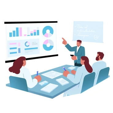 A group of four professionals is engaged in a business discussion around a conference table. One person is pointing at a large projection screen that displays various charts illustrating potential risks. The charts include a bar graph showing different risk levels, a pie chart representing the distribution of risks across categories, and a line graph indicating risk trends over time. The table is covered with reports and documents, and there are notepads and pens scattered around. In the background, a whiteboard is filled with notes and key risk management strategies.