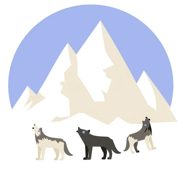 A majestic snowy mountain peak with sharp, rocky edges towering against a clear blue sky. The mountain is covered with white snow that glistens in the sunlight. At the base of the mountain, there are pixelated wolves, each with distinct blocky features, howling towards the sky. Their fur is a mix of grey and white, and their eyes are bright blue, contrasting against the snowy backdrop. The scene captures the wolves' silhouettes against the mountain, emphasizing their connection to the vast wilderness.