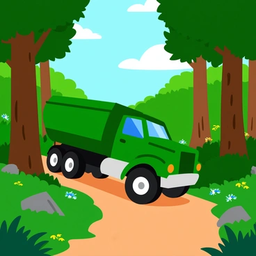 A large green truck driving along a narrow dirt path in a dense forest. The truck has rugged wheels and a shiny surface, reflecting the sunlight. Tall trees with thick trunks surround the path, their leaves creating a vibrant canopy overhead. Sunlight filters through the branches, casting dappled patterns of light and shadow on the ground. Some ferns and wildflowers grow alongside the path, adding splashes of color to the scene. The atmosphere is lively with the sounds of rustling leaves and chirping birds.