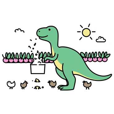 A large T-Rex with green scales stands on a farm. It is carefully holding a bucket of feed in one claw and scattering it for a flock of small brown and white chickens pecking at the ground. The T-Rex has a gentle expression as it interacts with the chickens. In the background, rows of green crops stretch across the field, with some vibrant red tomatoes visible among the plants. The sky is clear with a few fluffy clouds and a bright sun shining down.