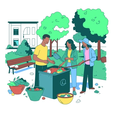 A group of diverse residents is actively participating in a community composting initiative in an urban park. There are three individuals, one wearing a yellow shirt, who is adding kitchen scraps into a large compost bin. Another person, dressed in a teal jacket, is holding a shovel, ready to mix the contents of the bin. Nearby, a woman in a blue hat is collecting organic waste from a colorful basket. In the background, there are trees providing shade, and a few park benches are visible. The sun is shining brightly, illuminating the scene and casting soft shadows on the ground.