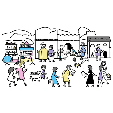 A small, bustling town labeled "Bethlehem," filled with people engaged in various activities. Several men wearing tunics and sandals stand in groups, discussing and filling out scrolls. Women in long dresses carry baskets filled with goods, while children play nearby, some chasing each other. Market stalls with colorful fabrics and pottery line the cobblestone streets. A large building with a thatched roof serves as a center of gathering, with people moving in and out. A donkey carries supplies, and a faint outline of rolling hills can be seen in the background.