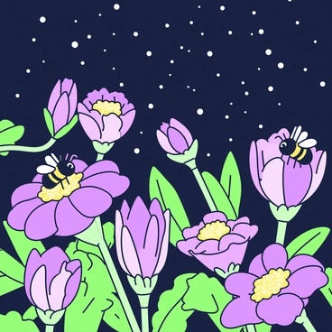 A night scene features bees resting on various flowers. The flowers have intricate petals that are open and vibrant, showcasing their detailed textures. Above them, a sky filled with numerous stars twinkles, creating a contrast with the dark background. The bees appear calm and peaceful, resting on the flowers, with delicate wings partially closed. The composition captures the interaction between the bees and the flowers, framed by the vastness of the starry sky.