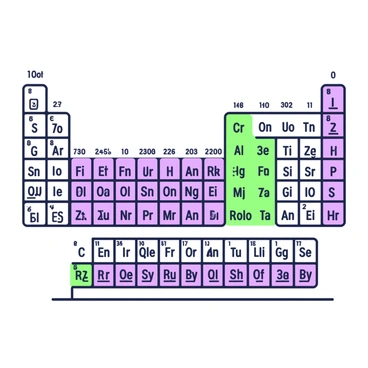 A periodic table of elements displayed on a flat surface. Each element is represented in a distinct box, showcasing its "symbol" and "atomic number." The boxes vary in size and shape, organized in rows and columns. The table includes labels for the groups and periods. The overall layout features a clear grid structure, with the element boxes prominently outlined for visibility.