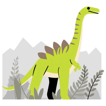 A spinosaurus standing tall in a prehistoric landscape, its long snout and sharp teeth visible as it emerges from dense gray morning fog. The dinosaur has a prominent sail-like structure on its back, with a mixture of green and brown scales. Surrounding the spinosaurus are tall ferns and large, leafy plants, adding to the lush vegetation of the scene. In the background, silhouettes of distant mountains partially obscured by the fog create a sense of depth in the landscape. The atmosphere is calm, with soft light filtering through the fog, illuminating the dinosaur and surrounding flora.