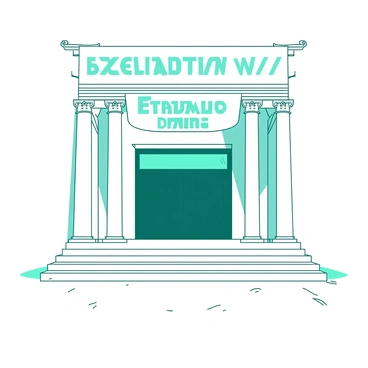 A white grand museum entrance with tall classic columns on either side. The columns are intricately designed with carved details. Above the entrance, there are large banners hanging, featuring bold text that reads "Exhibition Opening" in a teal color. The steps leading up to the entrance are wide and inviting, with a polished marble surface. The sky is clear, providing a bright backdrop to the entrance.