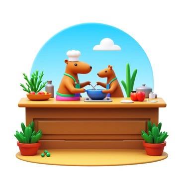 A capybara wearing a white chef's hat and a colorful apron is cooking a meal in an outdoor kitchen. The kitchen features a wooden countertop with various cooking utensils and ingredients scattered around. The capybara stands on its hind legs, stirring a pot on the stove. Green plants and herbs surround the outdoor kitchen space, and a bright blue sky is visible in the background. The capybara appears focused as it prepares the meal, with a few vegetables like tomatoes and bell peppers nearby.