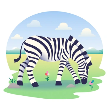 A zebra with bold black and white stripes is grazing on the lush green grass of the savannah. The zebra's head is lowered, and its eyes are focused on the ground as it eats. Surrounding the zebra are tufts of grass and a few scattered wildflowers. In the background, the expansive savannah stretches out under a bright blue sky with a few fluffy white clouds drifting by. The sun casts soft shadows on the ground, highlighting the zebra’s distinctive patterns.
