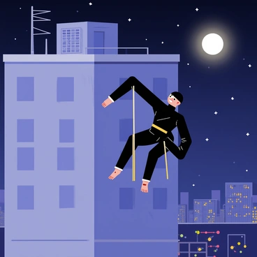 A ninja wearing a black outfit is stealthily performing pull-ups on the edge of a tall gray building under a night sky. The building has a flat roof with urban details like antennas and air conditioning units. The ninja’s movements are fluid and precise, with a focused expression on their face. The moon casts a soft glow, illuminating the ninja's silhouette against the starry background. Below, city lights twinkle, creating a vivid contrast with the darkness of the night.