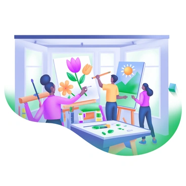 A spacious art studio filled with natural light. In the center, a group of diverse students collaborates on a large mural, each contributing unique elements. One student is painting vibrant flowers in bright colors, while another is sketching geometric shapes with a ruler. Several paintbrushes and tubes of paint are scattered around them. A large canvas on the wall displays a partially completed landscape scene. The atmosphere is lively and focused, with colorful paint splatters on the studio floor and various art supplies organized on tables nearby.
