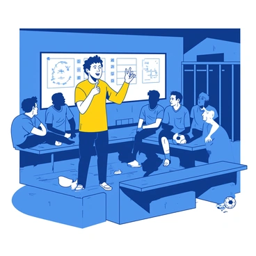 Ted Lasso, a yellow-clad coach with a friendly smile, stands in front of his soccer team inside a dimly lit locker room. He gestures with an animated hand, displaying enthusiasm. The players, a diverse group of men wearing blue and white uniforms, sit on wooden benches, listening intently. A whiteboard filled with tactical notes is visible behind him, along with soccer gear scattered around. The atmosphere is filled with a sense of camaraderie and excitement, as Ted passionately inspires his team with words of encouragement.