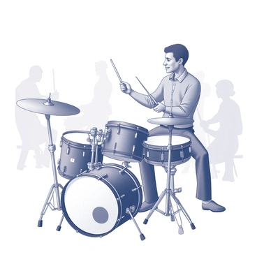 A jazz drummer performing energetically on a drum set. The drummer is seated and captured mid-action, with both hands raised and drumsticks blurred in motion as they strike the drums. The drum set includes a bass drum, snare, cymbals, and toms arranged in a traditional configuration. The drummer has a focused expression, showcasing their engagement with the music. The surrounding space contains faint outlines of other musicians and instruments, suggesting a lively band atmosphere.