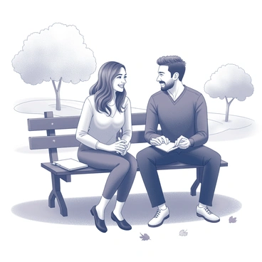 A couple is sitting together on a park bench, engaged in conversation. The woman has long hair, and she is laughing as she shares a story, her eyes sparkling with joy. The man, with short hair and a beard, leans in slightly, smiling back at her. They both have a notebook and a pen on the bench next to them, suggesting they are jotting down memories or thoughts. In the background, there are trees and a winding path, indicating a peaceful park setting. A few leaves are scattered on the ground, adding to the autumnal atmosphere. The couple's gestures and expressions convey a sense of nostalgia and connection as they realize they both grew up in the same small town.