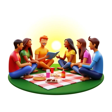 A group of five friends sitting in a circle on a grassy field. Each friend is engaged in conversation, with one person animatedly telling a story while the others listen intently. The friends are of diverse backgrounds, featuring different hair colors and styles. Some are smiling, and others are leaning in closer to hear the story. A few snacks and drinks are placed on a picnic blanket in the center of the circle. The sun is setting in the background, casting a warm golden hue over the scene.