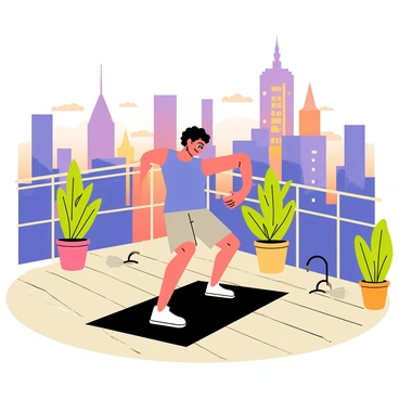 A rooftop gym with a wooden floor and various exercise equipment is set against a backdrop of a vibrant city skyline. A person with short, dark hair is performing a hip thrust on a black exercise mat. The individual is wearing a blue tank top and grey shorts. Surrounding the gym are green potted plants and a railing that provides a clear view of the tall buildings and sunset colors in the sky. The scene captures the energy of urban fitness amidst the cityscape.