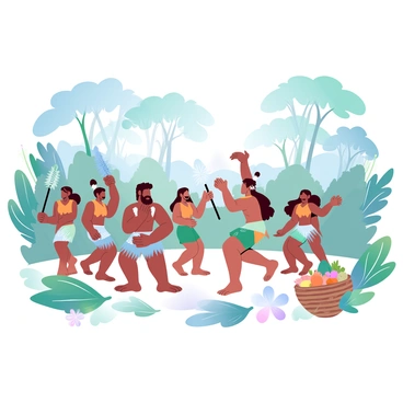 A group of men and women from an Amazonian tribe are performing traditional dances in a clearing surrounded by dense greenery. The dancers are adorned in colorful costumes made from feathers and woven fabrics, showcasing vibrant hues like orange, green, and blue. Some dancers are holding large ceremonial staffs decorated with tribal markings. The ground beneath them is covered with leaves and flowers, adding to the festive atmosphere. In the background, tall trees tower over the scene, and glimpses of exotic plants can be seen. A large woven basket filled with tropical fruits is placed nearby, enhancing the cultural representation of the tribe.