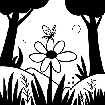 A tiny fairy with butterfly wings is delicately perched on a large daisy flower. The daisy has broad white petals surrounding a vibrant center. The fairy's wings are intricate, resembling those of a butterfly, with detailed patterns. Surrounding the daisy are tall grasses and various plants, creating a lush backdrop. The forest is filled with towering trees, their trunks thick and textured. Shafts of light filter through the leaves above, illuminating the fairy and the daisy. There are small whimsical details like glowing orbs scattered throughout the scene.