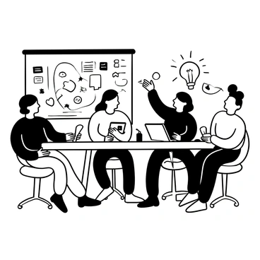 A group of illustrators seated around a large table covered with sketch pads, pencils, and digital tablets. Each illustrator is focused on sharing their ideas, some pointing at concept drawings and notes. One illustrator has a large light bulb illustration in front of them, symbolizing inspiration. In the background, a whiteboard is filled with colorful sticky notes and diagrams related to the project. Various art supplies, such as markers and ink bottles, are scattered around the table.