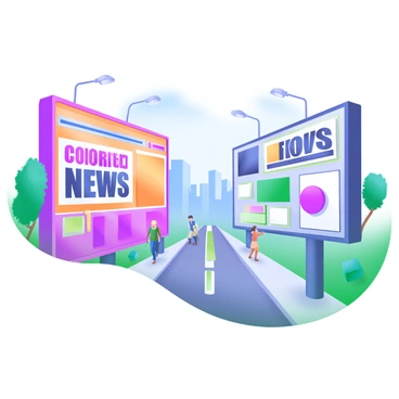 A street scene featuring two sides divided by a central line. On one side, large vibrant billboards display the words "Colorful News" in bold, eye-catching fonts along with images of sensational headlines and bright colors. On the opposite side, there are more subdued signs and posters presenting "Neutral News" in calm, professional fonts. The atmosphere is lively, with pedestrians walking along the street, some engaging with the colorful side while others read the neutral side. Trees line the street, and the sky is a clear blue, adding to the contrast between the two sides.