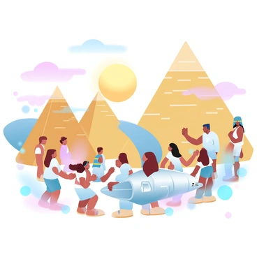 A group of children is gathered around a futuristic time machine, its metallic surface glinting in the sunlight. They are dressed in light, colorful clothing, reflecting their excitement and curiosity. In the background, towering pyramids stretch towards the sky, their ancient stones glowing in warm hues. Several pharaohs, adorned in traditional headdresses and robes, stand nearby, observing the children with interest. The scene is filled with vibrant hues of gold and sandy yellow, complemented by softer pastel shades in the sky. A large sun setting behind the pyramids casts a warm light over the entire scene, enhancing the sense of adventure.