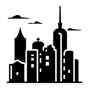 A detailed black ink illustration of a city skyline with tall skyscrapers and various building shapes under a dusk sky, with small lights beginning to twinkle in the windows and a few clouds scattered across the horizon.