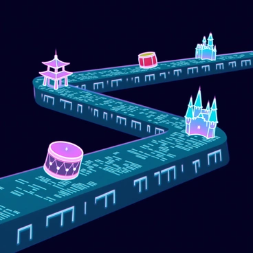 A continuous stream of digital data represented as flowing binary code and glowing lines. Various icons emerge from the stream, each symbolizing different cultures and ethnicities. The icons include a traditional Japanese pagoda, an African drum, a Native American dreamcatcher, and a European castle. These icons are vibrant and distinct, contrasting against the dark backdrop of the digital data. They are interconnected with shimmering lines, illustrating a network of cultural diversity.