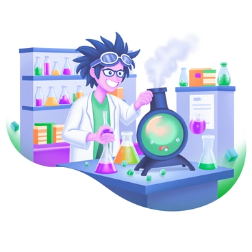 A mad scientist with wild, unkempt hair is standing in a laboratory filled with various glassware. The scientist, wearing a white lab coat, is pouring colorful chemicals from a flask into a large retort. There are bubbling liquids in other beakers on the table, and a cloud of steam rises from the retort. The walls of the lab are lined with shelves filled with jars of mysterious substances and several books stacked haphazardly. A pair of goggles rests on the scientist's forehead, and a mischievous grin can be seen on their face.