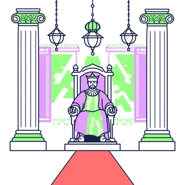 King Creon is sitting on an ornate throne in a grand hall filled with towering columns. He has a stern expression, conveying authority and command. He is dressed in regal attire, with intricate patterns on his robe. The throne features elaborate carvings and a high back, emphasizing his status. Surrounding him are large tapestries depicting scenes of governance. The hall is illuminated by a series of grand chandeliers hanging from the ceiling. In front of the throne, a red carpet stretches across the floor, leading to the entrance.