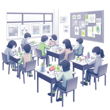 A classroom filled with children engaged in craft activities using recycled materials. Each child is focused on their project, working diligently with various items such as cardboard, plastic bottles, and paper. The desks are cluttered with colorful art supplies like scissors, glue, and markers scattered around. Some children are assembling their creations, while others are sharing ideas and showing off their completed crafts. The room is vibrant, with finished projects hanging on the walls, showcasing a variety of creative designs and imaginative concepts.