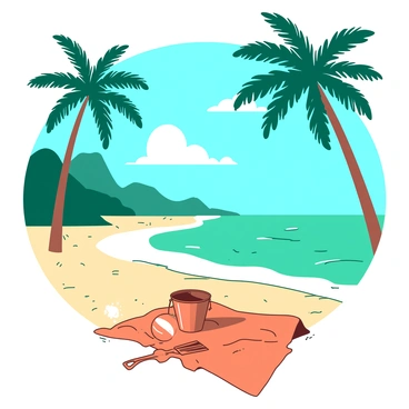A teal tropical beach stretches along the shoreline, where gentle waves meet the sand. Tall green palm trees are swaying in the breeze, creating a tranquil atmosphere. The sky above is a brilliant shade of blue, dotted with a few white fluffy clouds. In the foreground, a vibrant orange beach towel is laid out on the golden sand, with a colorful beach ball nearby. A small orange bucket and spade sit beside the towel, hinting at a day of fun in the sun.